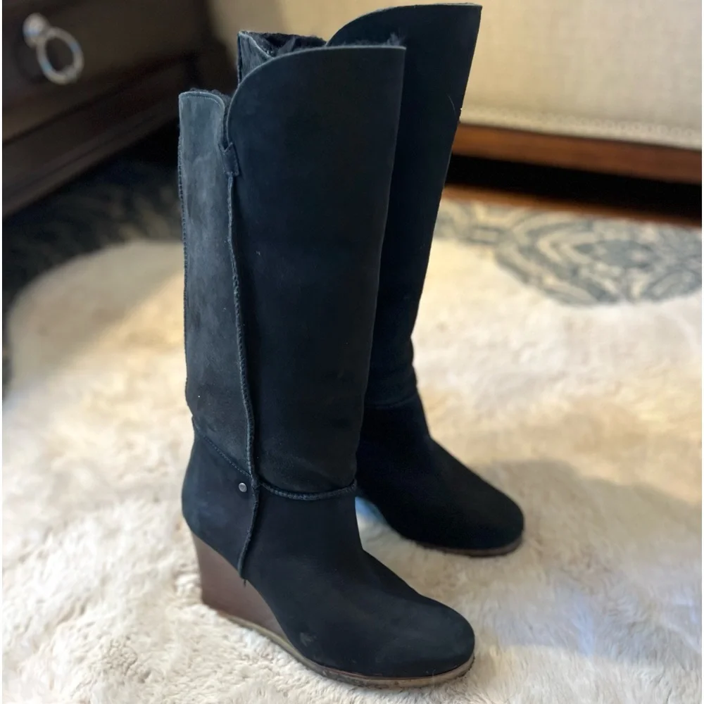 UGG Black Tall Wedge Winter Boots - Picture 3 of 16